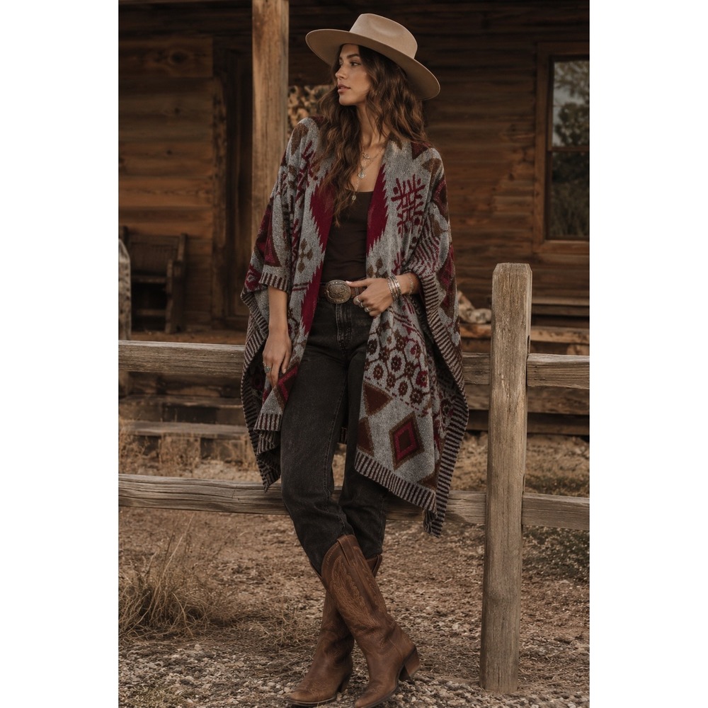 American Eagle Southwestern Geometric Knit Poncho Wrap Grey Burgundy One Size